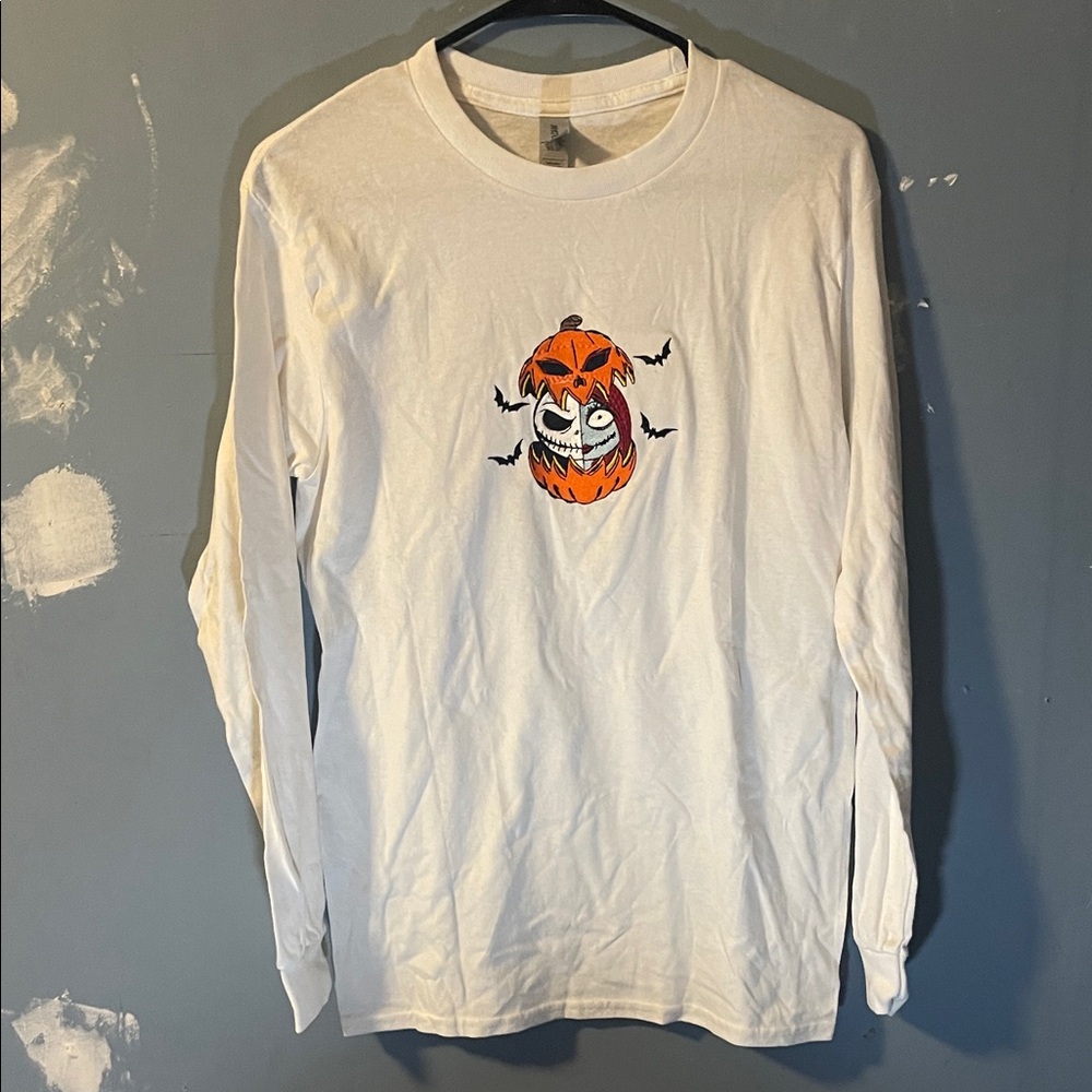 Nightmare Before Christmas Embroidered White Long Sleeve Halloween Graphic Shirt
